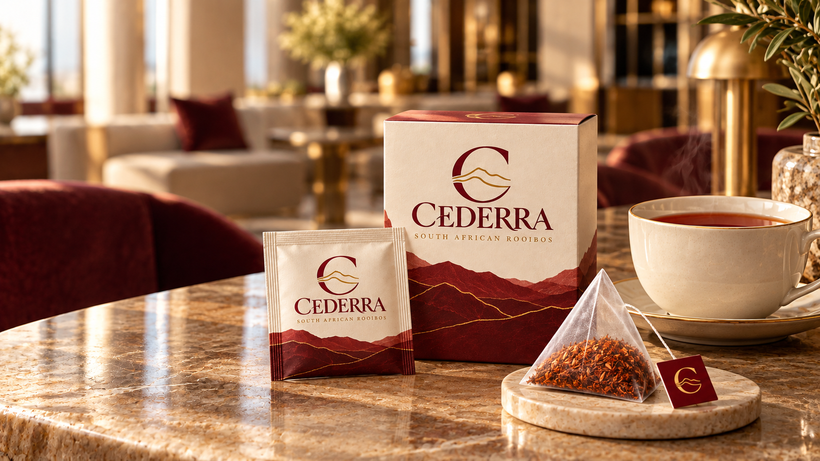 Illustrative CEDERRA hotel lounge tea-service concept